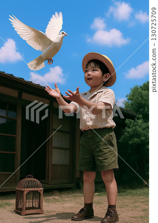 A Showa-era scene: A boy sending a carrier pigeon 130725709