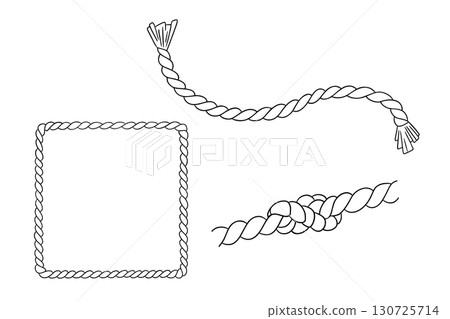 Set of rope knot and square frame. Nautical, travel loop. Vintage outline vector border isolated on white background. Line art 130725714