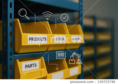 Supply chain logistics management involves efficient warehouse storage and inventory organization with labeled bins for products stock shipping and parts to ensure smooth operations 130725746