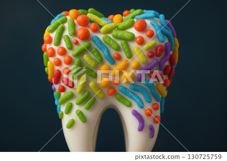 Colorful candy and sugar pieces cover white tooth model representing importance of dental care oral hygiene and tooth cleaning to prevent tooth decay and maintain healthy smile 130725759