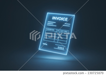 Digital payment and online transaction concept with glowing invoice document floating in dark background, representing modern finance and electronic billing innovation 130725870