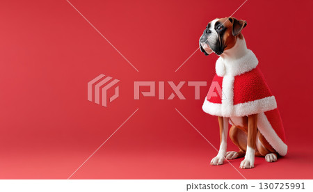 Boxer dog Christmas cape red background festive sitting holiday costume white trim upright cheerful pet winter celebration adorable canine looking away studio isolated seasonal playful domestic 130725991