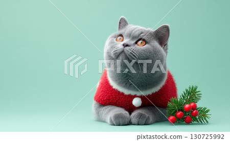 British Shorthair cat red Santa outfit green background orange eyes festive holiday Christmas pine branch berries adorable cozy British Shorthair cat red Santa outfit green background orange eyes festive holiday Christmas pine branch berries adorable cozy 130725992