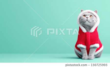 British Shorthair cat in red Santa outfit sitting on turquoise background festive adorable cozy winter holiday cheerful cute pet looking up playful mood British Shorthair cat in red Santa outfit sitting on turquoise background festive adorable cozy winter holiday cheerful cute pet looking up playful mood 130725993