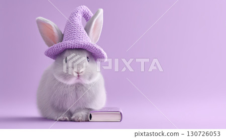 Gray bunny wearing purple witch hat sitting beside small spell book pastel background cute and magical atmosphere fantasy animal soft fur whimsical enchanting playful mood 130726053