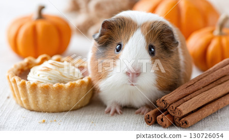 Guinea pig beside cinnamon sticks pumpkin tart and small pumpkins autumn cozy setting cute pet warm colors festive and inviting atmosphere close up 130726054