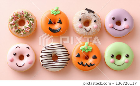 Halloween donuts with colorful icing, fun face, pumpkin, and sprinkle decoration, arranged on pastel background, evoke playful and festive mood, perfect for autumn celebration 130726117