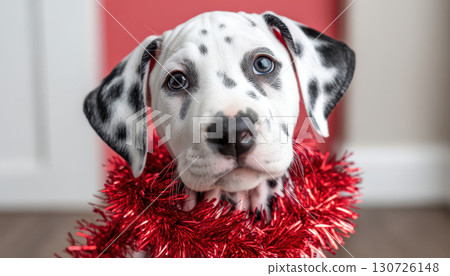 Playful Dalmatian puppy tangled in shiny red tinsel, looking curious and happy indoors with festive atmosphere, white and black fur, adorable expression 130726148