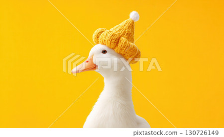 Playful duck wearing yellow knitted hat, joyful and festive mood, isolated on bright yellow background, close up, cheerful animal portrait, creative concept 130726149