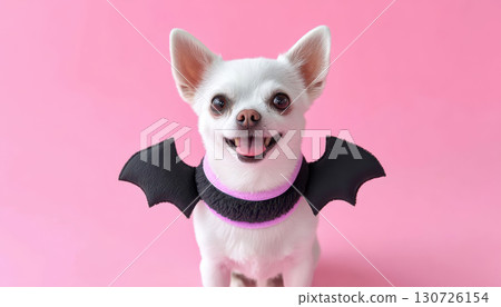 Playful puppy with bat wings costume happy expression small white dog pink background Halloween cute pet joyful mood festive adorable animal 130726154