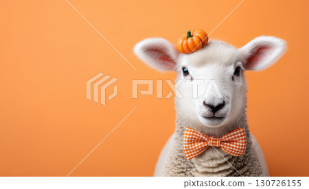 Playful sheep with orange pumpkin and checkered bowtie, cheerful expression, isolated on orange background, festive autumn and Halloween concept 130726155