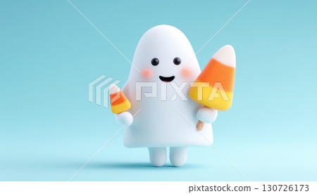 Smiling ghost character holding candy corn playful cute white cheerful Halloween blue background happy festive fun joyful sweet treat minimal style 130726173