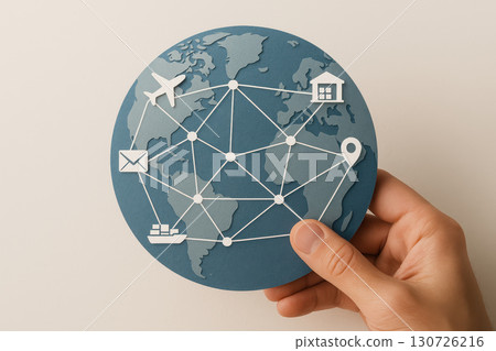 Global business network concept with hand holding world map, showing connection between business, communication, shipping, travel, and location icons for international cooperation and logistics 130726216