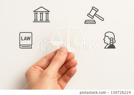 Hand holding paper scale symbolizing justice surrounded by law book courthouse gavel and judge icons representing legal system fairness and equality in neutral setting 130726224