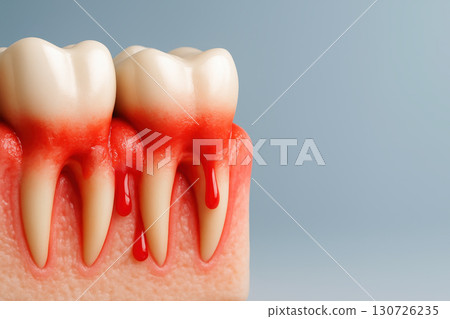 Gum disease illustration inflamed gum bleeding tooth dental health oral hygiene pain infection red swollen medical concept closeup realistic anatomy unhealthy problem 130726235