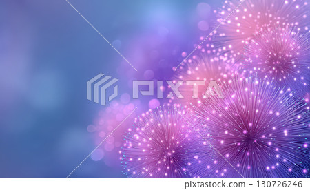 New year celebration with glowing purple and pink abstract dandelion shapes create festive joyful atmosphere perfect for holiday greeting or party background New year celebration with glowing purple and pink abstract dandelion shapes create festive joyful atmosphere perfect for holiday greeting or party background 130726246