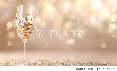 Elegant glass filled with gold and white star confetti on sparkling background creates festive atmosphere perfect for new year celebration and joyful party moments with warm glow 130726247