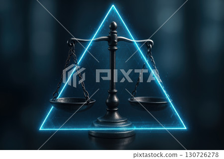 Legal protection and justice are symbolized by balance scale with glowing triangle, representing law and integration of AI in modern legal systems, evoking sense of fairness 130726278