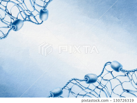 Diagonal marine template buoys made of foam on a twisted rope with a fishing net in a monochrome watercolor illustration for decorating marine-themed parties and fish restaurants.Hand-drawn clipart 130726319