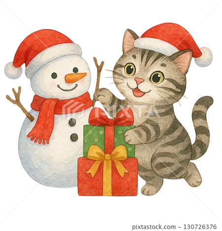 A cheerful cat and snowman celebrating together with a gift in a festive winter scene. 130726376