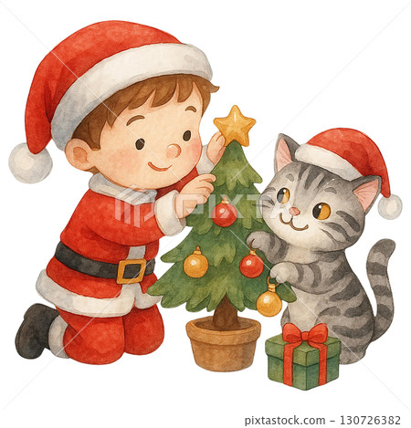 A cheerful child in Santa costume decorates a Christmas tree with a playful kitten. 130726382