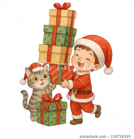 A joyful child and cat surrounded by colorful Christmas presents, embodying holiday cheer. 130726393