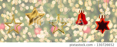 Christmas bauble hanging decoration with bokeh light background celebration holiday banner template Christmas bauble hanging decoration with bokeh light background celebration holiday banner template 130726652