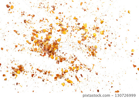 dried red chili pepper flakes and seeds isolated on white background dried red chili pepper flakes and seeds isolated on white background 130726999