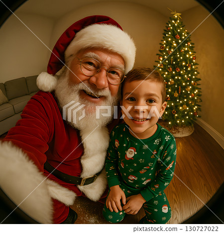 Santa Claus shares a fisheye selfie with happy child Santa Claus shares a fisheye selfie with happy child 130727022