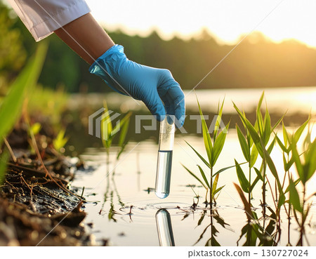Scientist collecting water sample from polluted wetland Scientist collecting water sample from polluted wetland 130727024