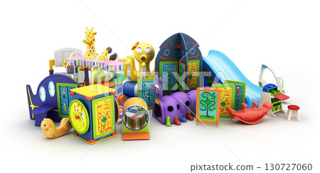Large set of goods for kids childrens furniture and toys 3d render on white 130727060