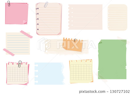 Set notes, memo pages with paper clip and adhesive tape. Sticky remind blanks, sheets, stickers. Checklist ripped torn edge paper. Set notes, memo pages with paper clip and adhesive tape. Sticky remind blanks, sheets, stickers. Checklist ripped torn edge paper. 130727102