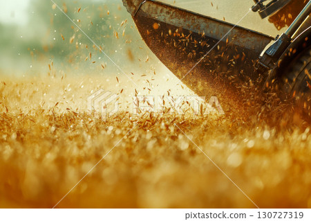 Close up of a combine harvester actively harvesting golden wheat in a sunny farm field. Grains and dust scatter through the air during crop collection. Close up of a combine harvester actively harvesting golden wheat in a sunny farm field. Grains and dust scatter through the air during crop collection. 130727319