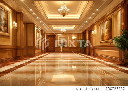 Grand luxury hallway interior with ornate gold paneled walls, polished marble floor, sparkling chandeliers, classic landscape paintings, and warm ambient lighting. Grand luxury hallway interior with ornate gold paneled walls, polished marble floor, sparkling chandeliers, classic landscape paintings, and warm ambient lighting. 130727322