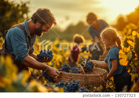 Bearded farmer and child picking ripe purple grapes in a glowing vineyard. Family carefully places fruit into a rustic basket during golden hour harvest. 130727323