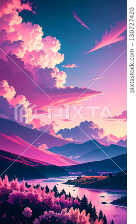 粉紅色和紫色的風景，散發著夢幻般的異世界氛圍 130727420