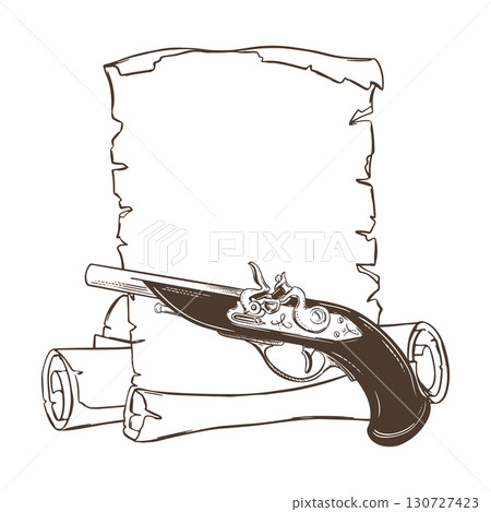 Vector sketch of old paper sheet and rolled scrolls. Antique flintlock pistol with wooden handle. Blank template for text required. Linear ink drawing. Pirate and filibusters weapon. 130727423