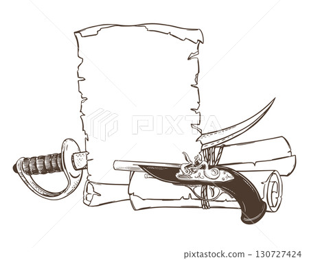 Vector sketch of old paper sheet and scrolls rolled into a roll. Sabre and flintlock pistol. Pirate weapons. Empty template for text, wanted. Linear ink drawing of Corsair's broadsword and firearms. 130727424