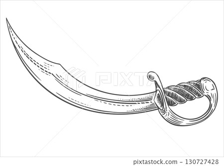 Curved vector silhouette of arabian sword. Cold weapon. Pirate saber. Corsair broadsword with wide blade in engraving technique. Imitation of engraving on white background. Curved vector silhouette of arabian sword. Cold weapon. Pirate saber. Corsair broadsword with wide blade in engraving technique. Imitation of engraving on white background. 130727428