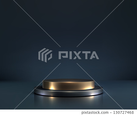 luxury gold podium modern display stand with black cylinder and deep blue background for premium product presentation mockup elegant 3d design showroom stage template 130727468