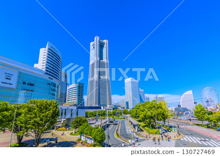 Yokohama cityscape, Japan, September 8. View of Yokohama Landmark Tower and Sakuragicho Station from Yokohama Air Cabin. 130727469