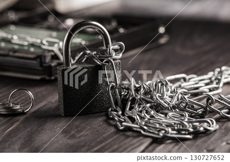 The padlock with metal chains symbolizes strong protection and access restriction The padlock with metal chains symbolizes strong protection and access restriction 130727652