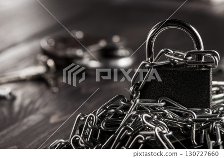 The padlock with metal chains symbolizes strong protection and access restriction The padlock with metal chains symbolizes strong protection and access restriction 130727660