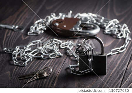 Two padlocks with metal chains symbolize strong protection and restricted access Two padlocks with metal chains symbolize strong protection and restricted access 130727680