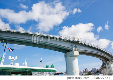 A view of Naha Tomari Port from a departing ship. Tomari Bridge and Tomarin are visible. Naha Tomari Port, Naha City, Okinawa Prefecture - June 26, 2025 130727837