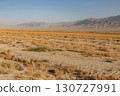 Barren desert plain with dry scrubland and a distant mountain range on the horizon 130727991