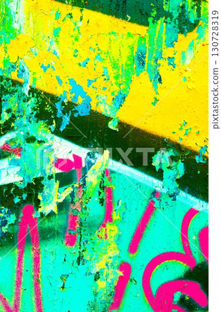 Abstract Neon Graffiti Texture with Peeling Paint and Vibrant 80s Aesthetic Abstract Neon Graffiti Texture with Peeling Paint and Vibrant 80s Aesthetic 130728319