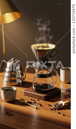 Artisanal Coffee Brewing Flatlay with Pour Over Dripper, Kettle, Ceramic Cups, and Roasted Beans on Walnut Table 130728476