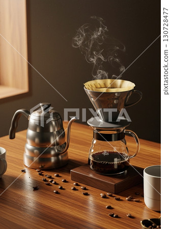 Artisanal Coffee Brewing Flatlay with Pour Over Dripper, Kettle, Ceramic Cups, and Roasted Beans on Walnut Table 130728477