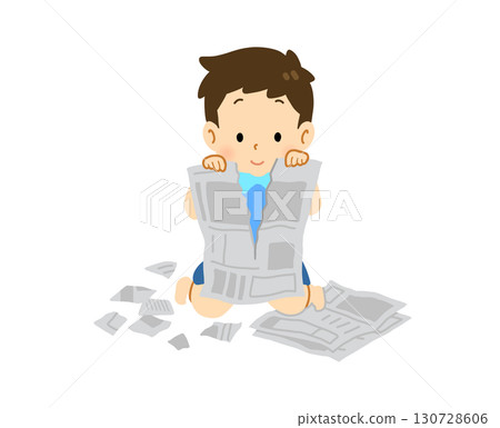Illustration of a boy playing by tearing up newspaper 130728606